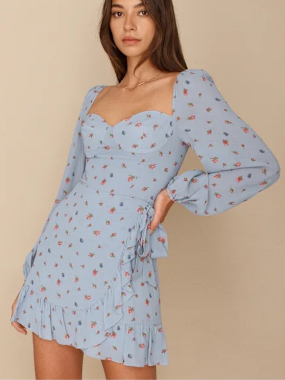 Reformation Light Blue Floral Tie-Waist Mini Dress